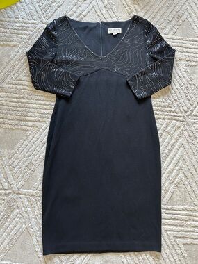 St. John Black V-Neck Three-Quarter Sleeve Sheath with Metallic Dot Detail